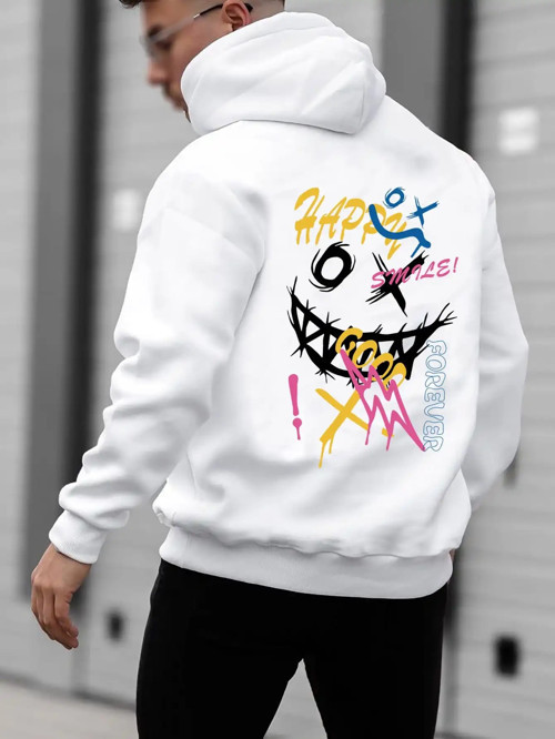Mutlu Kelime Komik Kişilik Renkli Desen Hoody Erkekler Cep Çizgi Roman Kazak Sonbahar Yumuşak