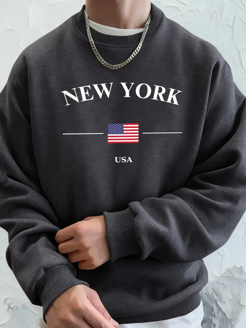 New York ABD Bayrağı Baskılı Erkek Polar Kapüşonlular Spor Günlük Hoody Bisiklet Yaka Cepli S