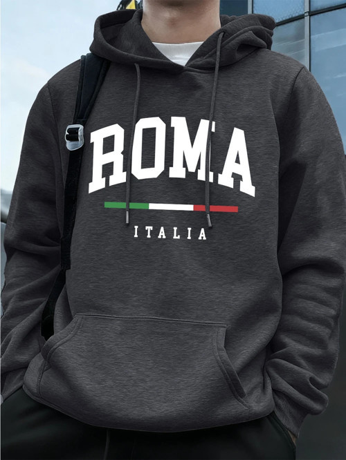 Roma Italia Mektup Baskı Erkek Tişörtü Kış Cep Kapüşonlular Moda Polar Sıcak Büyük Boy Kazakl