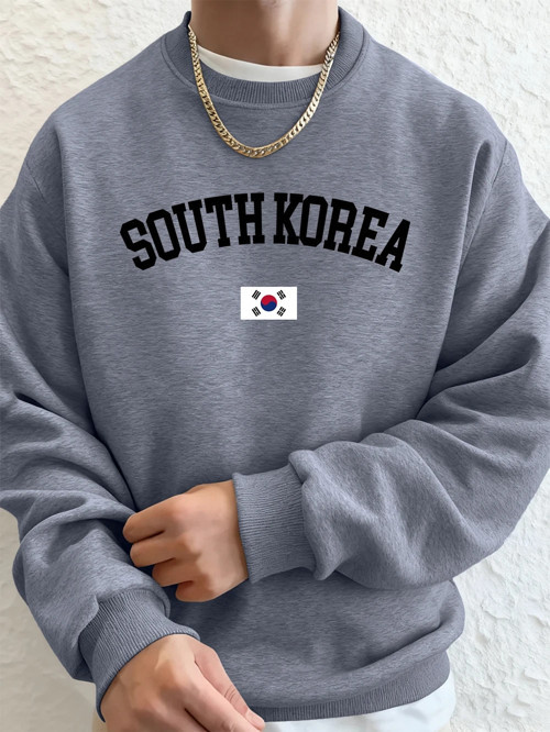 Güney Kore Bayrağı Baskılı Erkek Sweatshirtleri Kışlık Bisiklet Yaka Kapüşonlu Üstler Sokak P