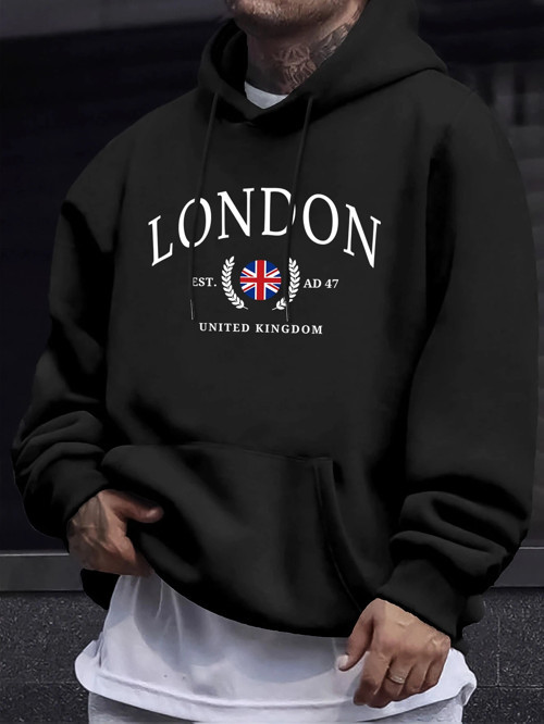 Londra Birleşik Krallık Bayrağı Baskı O Yaka Kapüşonlu Üst Erkek Büyük Boy Sokak Kazakları Ye