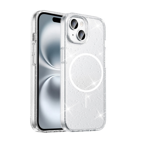 iPhone 15 Plus Kılıf Magsafe Şarj Özellikli Parlayan Simli Şeffaf Glowing Glittery Transparent Kapak