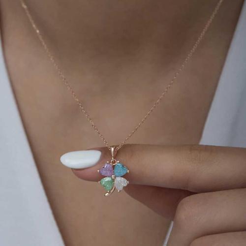 925 Ayar Gümüş Rose Renkli Taşlı Yonca Kadın Gümüş Kolye