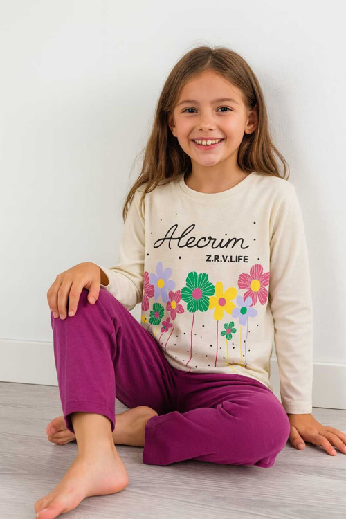 Çocuk Pijama Takımı %100 Pamuk Çiçek Desenli