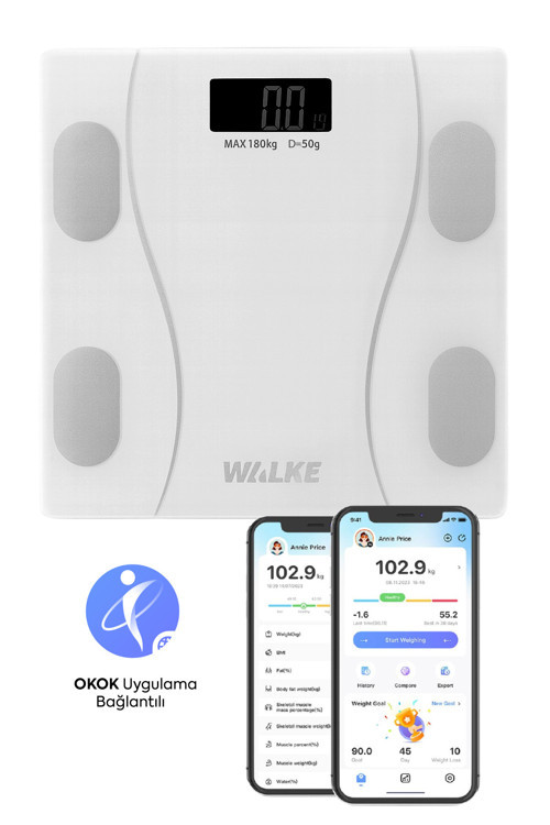 Premium Seri Dijital Baskül Yağ Su Kas Vücut Kitle Endeksi Kilo Ölçer Tartı 30 * 30 Cm Beyaz