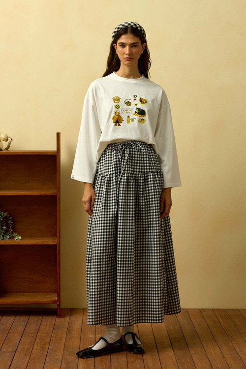 Ekru Lazy Cat Baskılı Basic Body & Siyah Pötikare Fırfır Detay Poliviskon Etek Takım