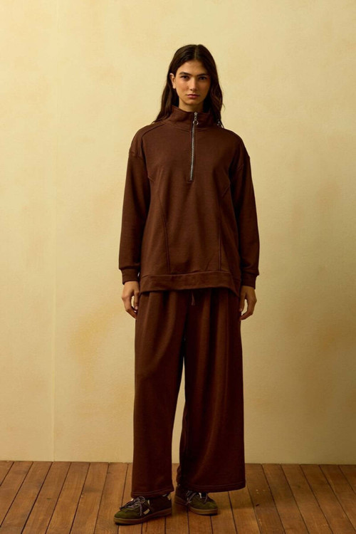 Acı Kahve 3 İplik Yarım Fermuarlı Eşofman Takım