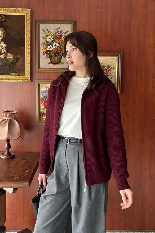 Bordo Fermuarlı Triko Hırka
