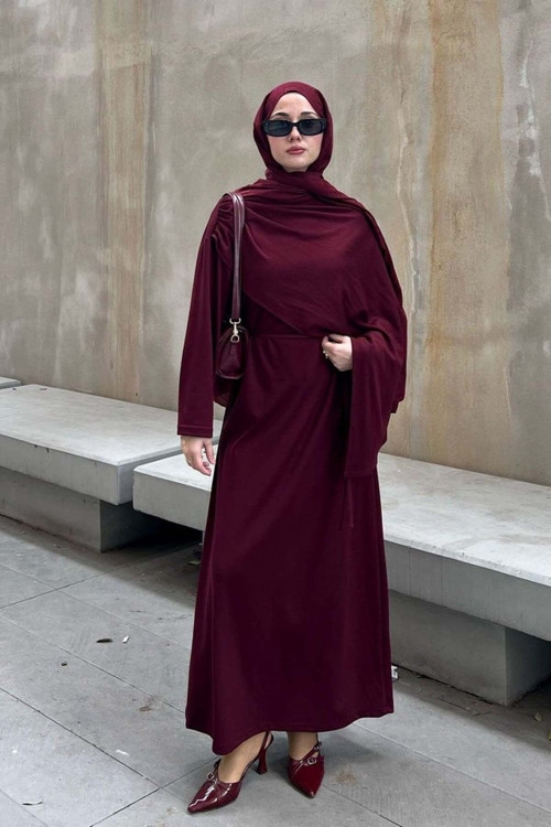 Bordo Şal Yaka Elbise