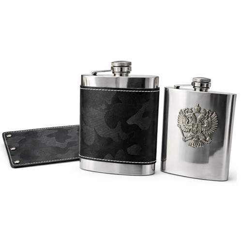 Limited Edition Hakiki Deri Çıkarılabilir Kılıflı Çelik Cep İçki Matarası 9 oz (270 ml) Kabartma Logolu Paslanm
