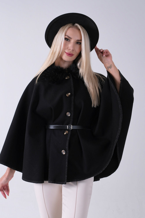 Yakası Kürklü Dikiş Detaylı Kemerli Panço