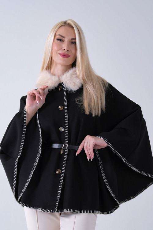 Yakası Kürklü Dikiş Detaylı Kemerli Panço