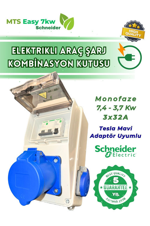 7,4Kw Monofaze 3X32A 1X16A Schneider Elektrikli Araç Kombinasyon Kutusu Tesla Mavi Adaptör Uyumlu