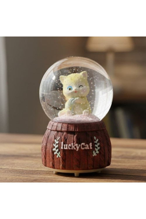 Pilli Işıklı Müzikli Kar Küresi–Şanslı Kedi Figürlü Eğlenceli Masaüstü Biblo, LED Aydınlatmalı Dekor