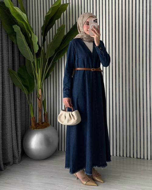 Kadın V Yaka Pile Detaylı Oversize Kot Tesettür Elbise