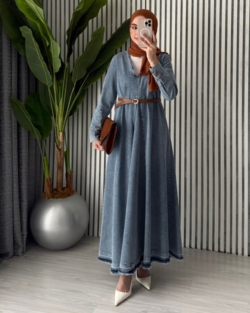 Kadın V Yaka Pile Detaylı Oversize Kot Tesettür Elbise