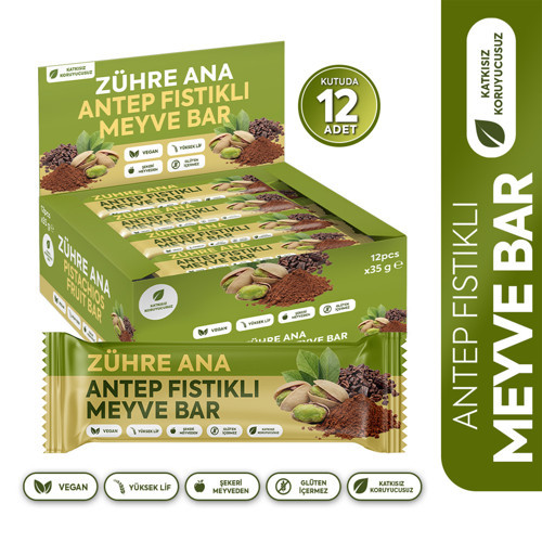 Antep Fıstıklı ve Kakaolu Meyve Bar, Şeker İlavesiz 35 gr x 12 Adet