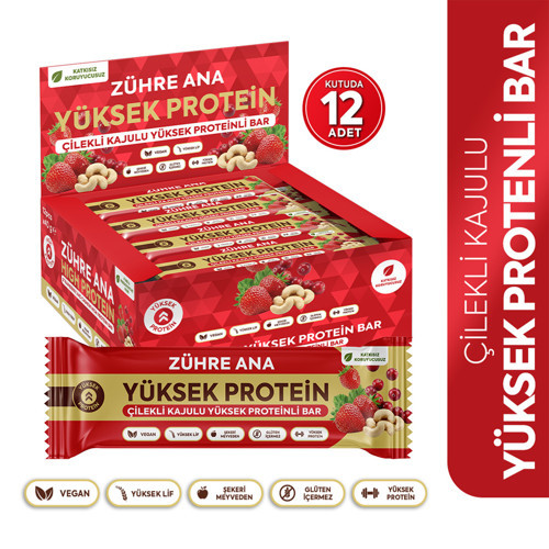Çilekli Kajulu Yüksek Proteinli Bar, Şeker İlavesiz 40 gr x 12 Adet