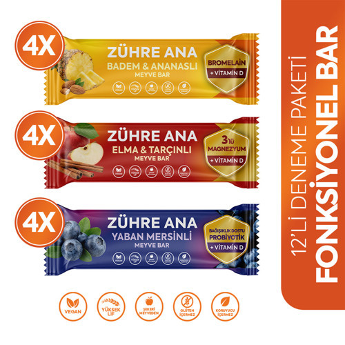 Fonksiyonel Meyve Bar Deneme Paketi 35 gr x 12 Adet 3 Çeşit