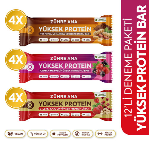 Yüksek Proteinli Meyve Bar Deneme Paketi 40 gr x 12 Adet 3 Çeşit