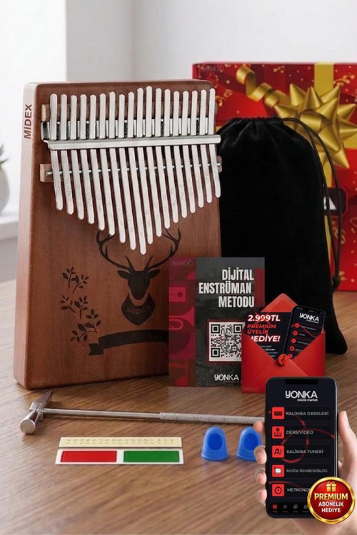 KLX-456 Hakiki Maun Ağacı Kalimba 17 Çelik Tuşlu (Türkçe Metod Çanta Çekiç)