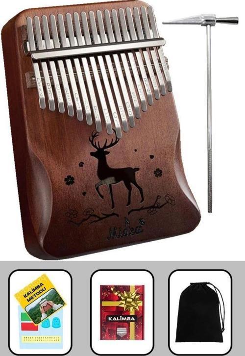 KLX-520 Hakiki Ağaç Kalimba Geyik Desenli Ahşap Full Set 17 Çelik Tuşlu