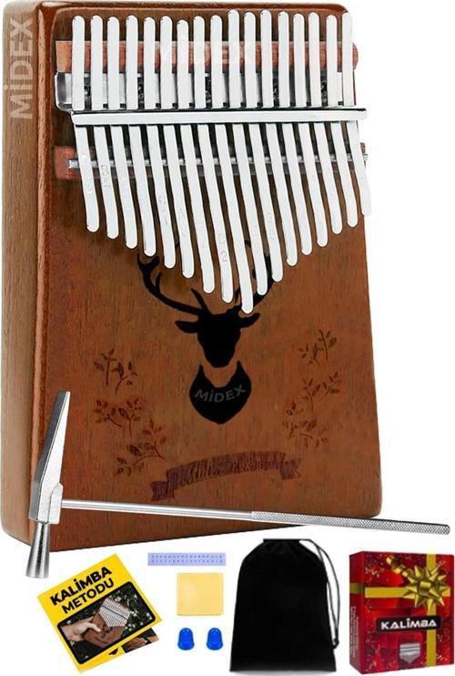 KLX-880 Hakiki Ağaç Kalimba Geyik Desenli Ahşap Full Set 17 Çelik Tuşlu