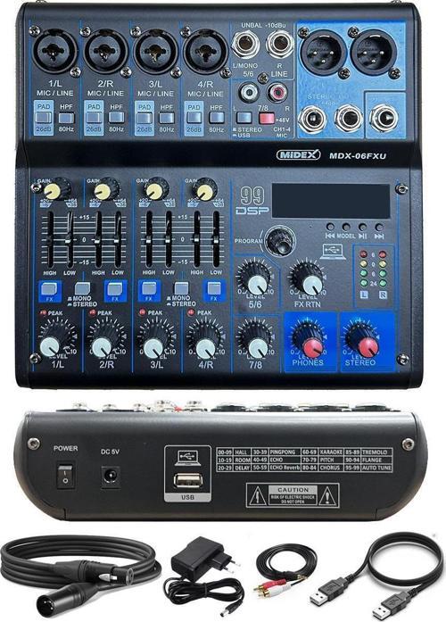 MDX-06FXU Ses Mikseri Stüdyo Kayıt İçin 6 Kanal Ses Kartlı 99 DSP Efektli (+48V-USB-Bluetooth)
