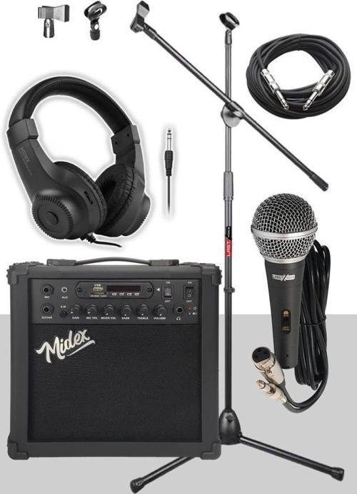 MGA-25BK-PAK Elektro Gitar Amfisi 25 Watt USB Bluetooth ve Şarjlı (Amfi Mikrofon Stand Kulaklık Jack Kablo)
