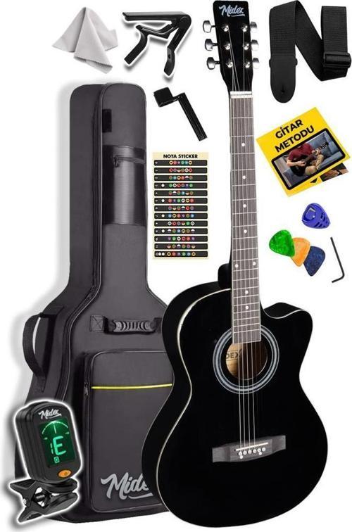 XC-120 Siyah Kaliteli Akustik Gitar Gül Klavye Sap Ayarlı 4/4 Yetişkin Boy Full Set