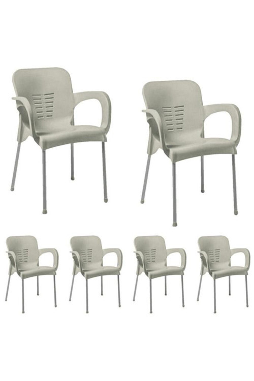 6 Adet Metal Ayaklı Plastik Sandalye Koltuk 6'lı Set Krem