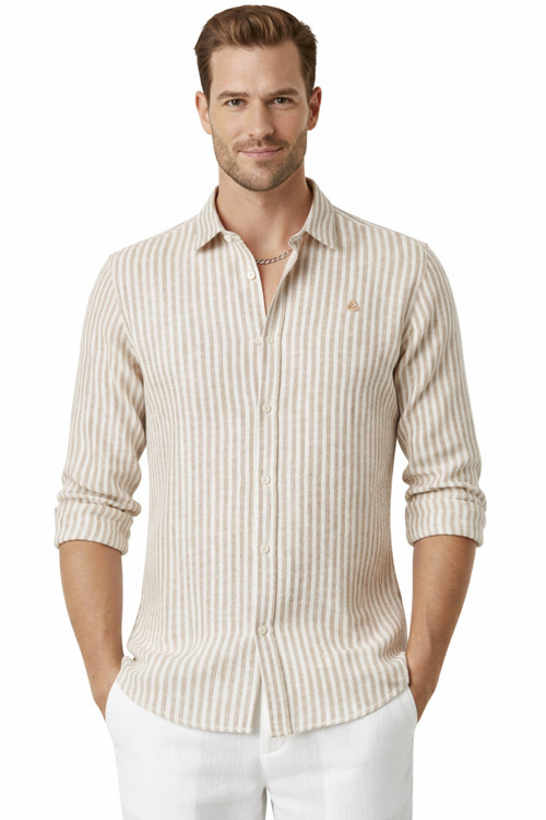 Bej Slim Fit Çizgili %100 Pamuk Erkek Gömlek – Nefes Alan Şık Günlük Gömlek 2602626