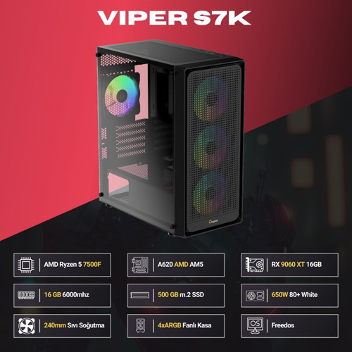 Viper S7K Sapphire Radeon RX9060XT Pulse 16GB Ryzen 5 7500F 16GB DDR5 500GB NVMe M.2 SSD OEM Paket