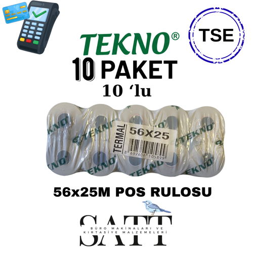 56x25m Termal Pos Rulosu 10 Paket 100 Rulo Tekno