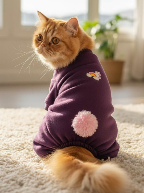 Ponpon Detaylı Kedi Tulumu | Şardonlu Polar Kumaş | Mor Renk