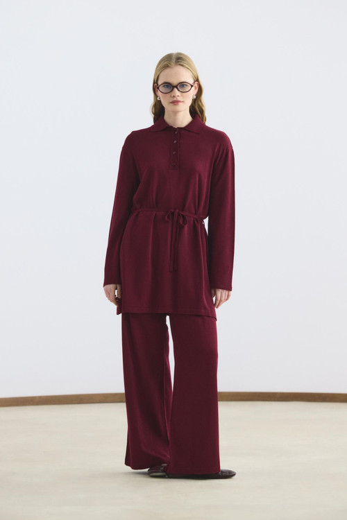 Polo Yaka İnce Triko Tunik Pantolon Takım Bordo