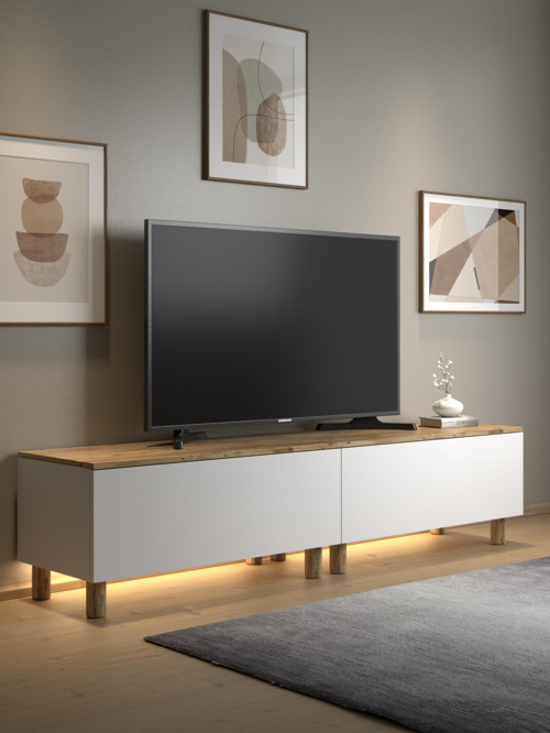 Nora Bohem Ledli Tv Ünitesi 200 Cm 2 Kapaklı Dolaplı Atlantik Çam / Beyaz
