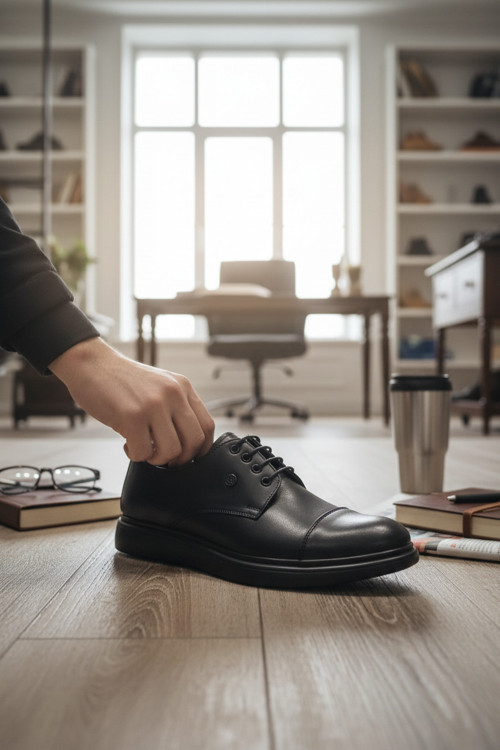 Enoch Deri Siyah Cap-Toe Bağcıklı ve Esnek Tabanlı Erkek Casual Ayakkabı