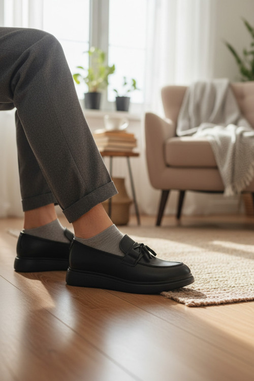 Enoch Hakiki Deri Siyah Püsküllü Casual Loafer (Esnek ve Kalın Tabanlı)