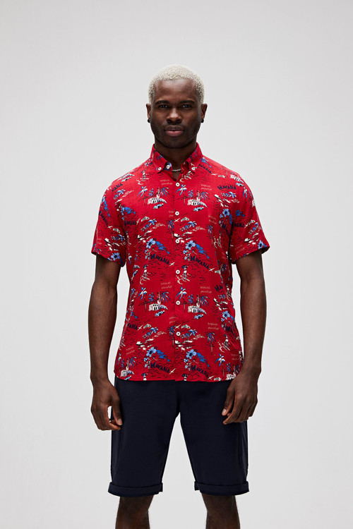 Hector Shirt Kırmızı Kısa Kollu Baskılı Erkek Gömlek