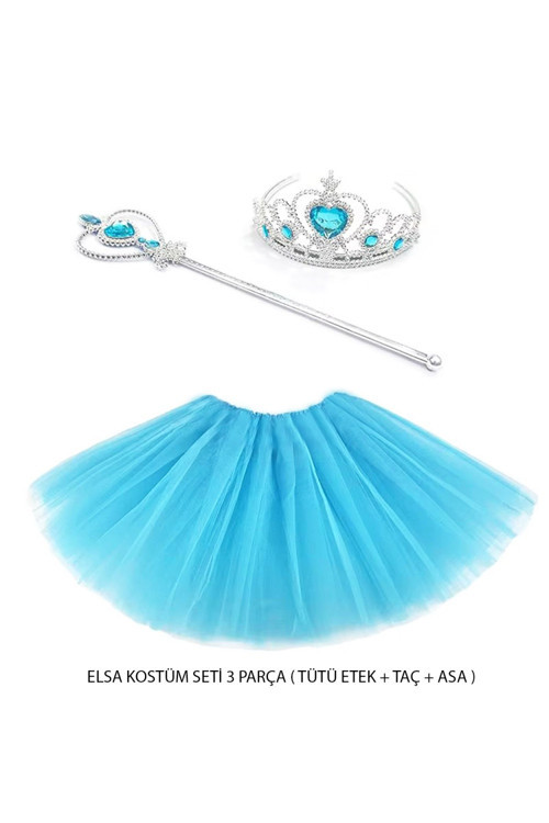 Mavi Prenses Elsa Kostüm Seti 3 Parça (Tütü Etek + Taç + Asa ) TG-V 11549