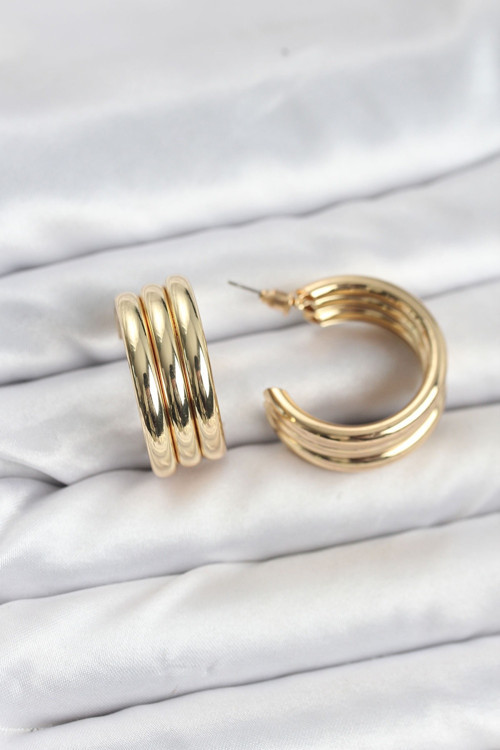 3'lü Görünüm 316L Çelik Gold Renk Kadın Küpe - TJ-BKP11583 TG-V 12542