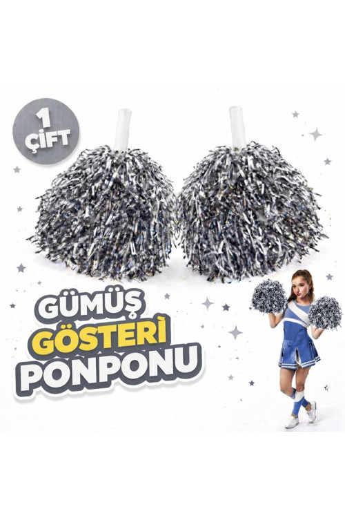 1 Çift ( 2 Adet ) Gümüş Renk 23 Nisan 19 Mayıs 29 Ekim Okul Gösteri Ponponları TG-V 12612