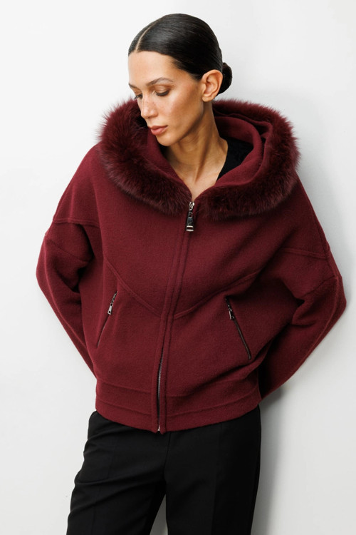 Kadın Yakası Kürklü Fermuarlı Bordo Hırka 63908