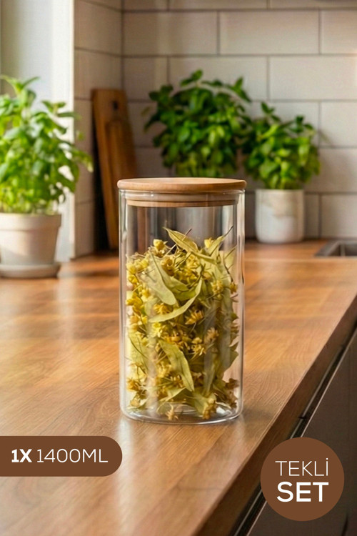 Bambu Kapaklı Cam Kavanoz 1400 ml - Erzak Düzenleyici Saklama Kabı