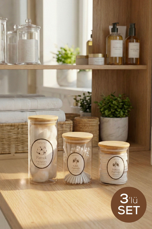 3'lü Pamukluk Seti Etiketli Bambu Kapaklı Cam Kavanoz | 1x230 ml - 1x280 ml - 1x450 ml