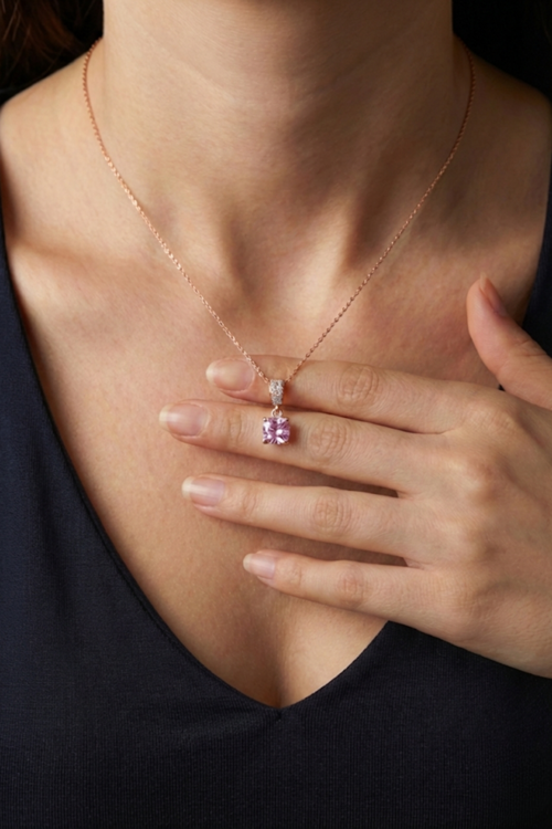Tektaş Pembe Zirkon Taşlı 925 Ayar Gümüş Kadın Minimal Kolye