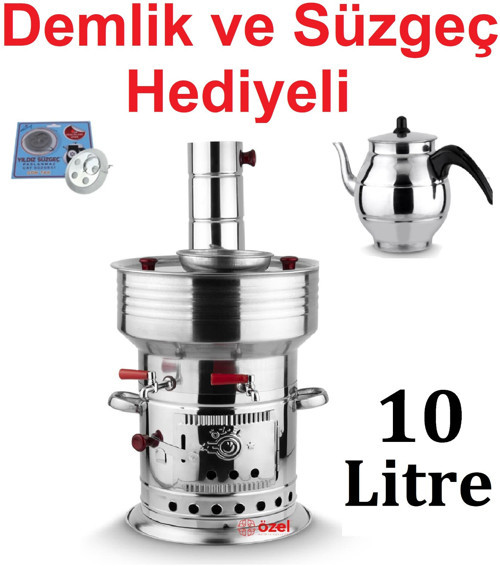 10 Litre Paslanmaz Metal Odunlu Kömürlü Çay Semaveri Büyük Çift Musluklu DEMLİK HEDİYELİ Semaver 10