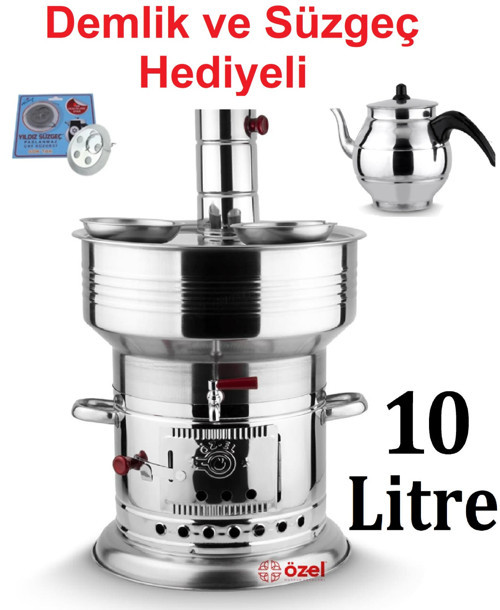 10 Litre Paslanmaz Krom Odunlu Kömürlü Çay Semaveri Odunlu Kömürlü Semaver DEMLİK HEDİYELİ Semaver