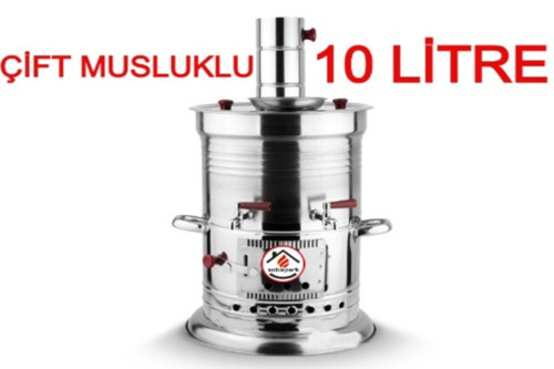 10 Litre Paslanmaz Metal Odunlu Kömürlü Çay Semaveri Büyük Çift Musluklu Odunlu Kömürlü Semaver 10 L